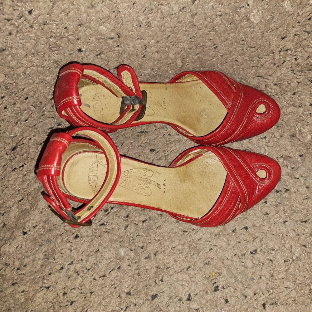 Vintage FLY GIRL/FLY LONDON-Red Leather Ankle Strap-Boho/Rockabilly-Sz 37-VG - Picture 7 of 8